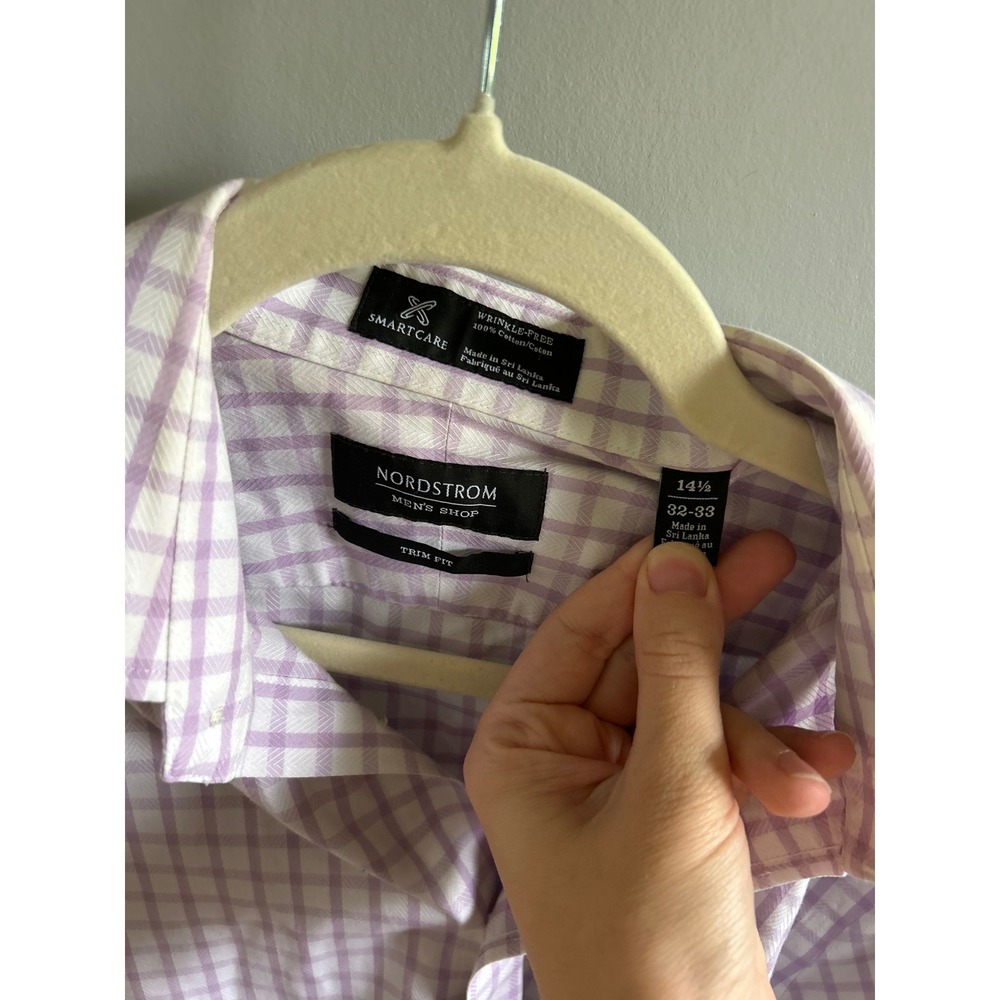 Nordstrom Smartcare Dress Shirt Mens 14.5 32-33 Trim Fit Purple Tattersall Check - Picture 3 of 3